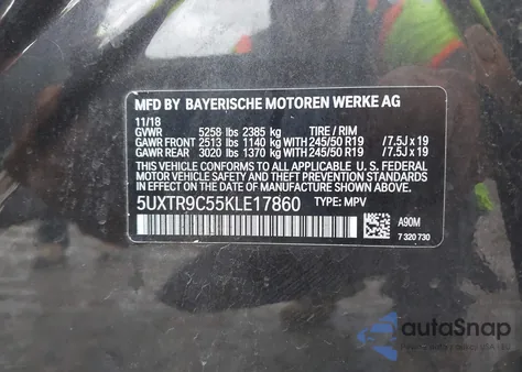 2019 BMW X3 xDrive30I z USA, uszkodzony, nr VIN 5UXTR9C55KLE17860